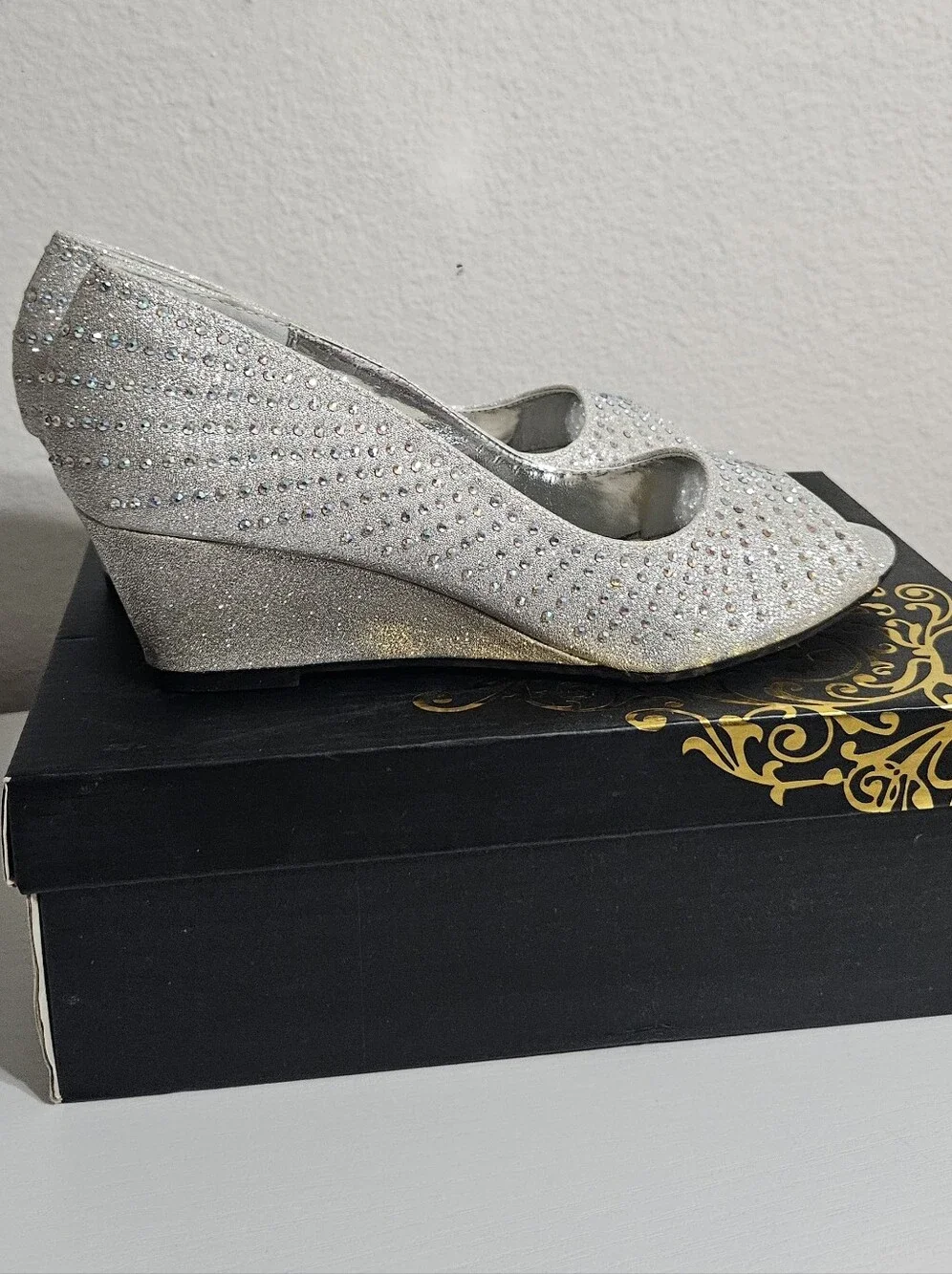 Kiss & Tell Silver Open-Toe Wedge Heels with Rhinestone Detail